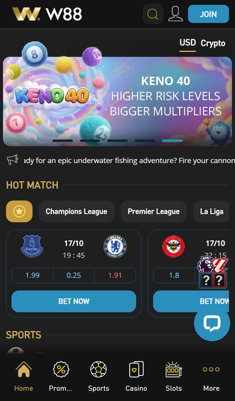 W88 mobile site with USD and Crypto toggle, Keno 40 banner, hot match odds and bottom navigation bar