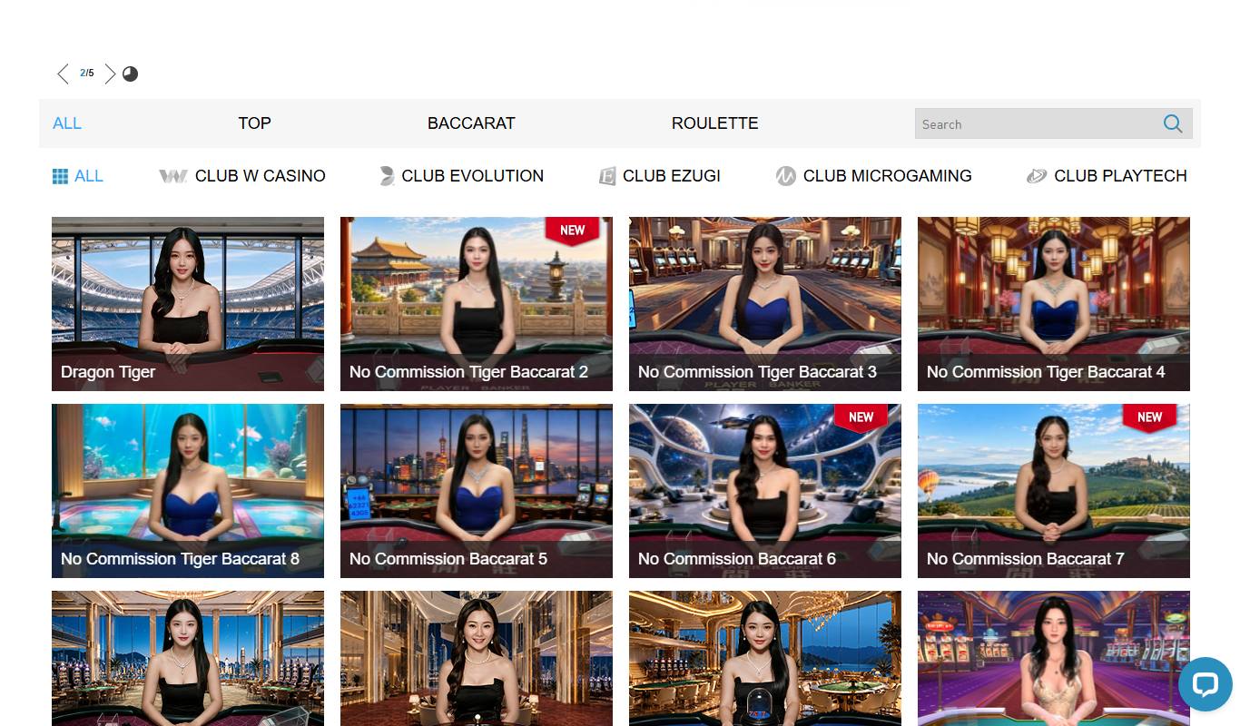 W88 live casino lobby with Club W Casino, Club Evolution, Club Ezugi, Club Microgaming and Club Playtech tabs