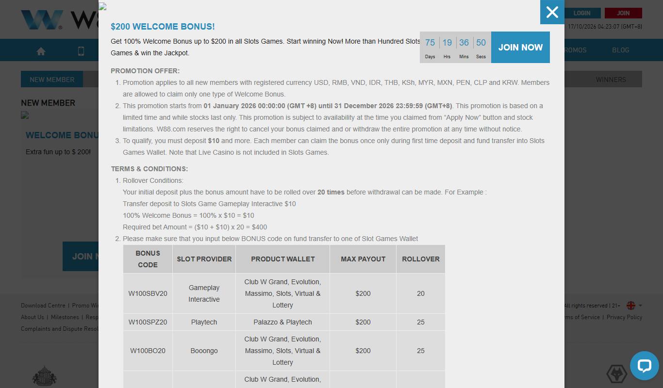 W88 USD 200 slots welcome bonus terms showing eligible currencies, USD 10 minimum deposit and 20x rollover table