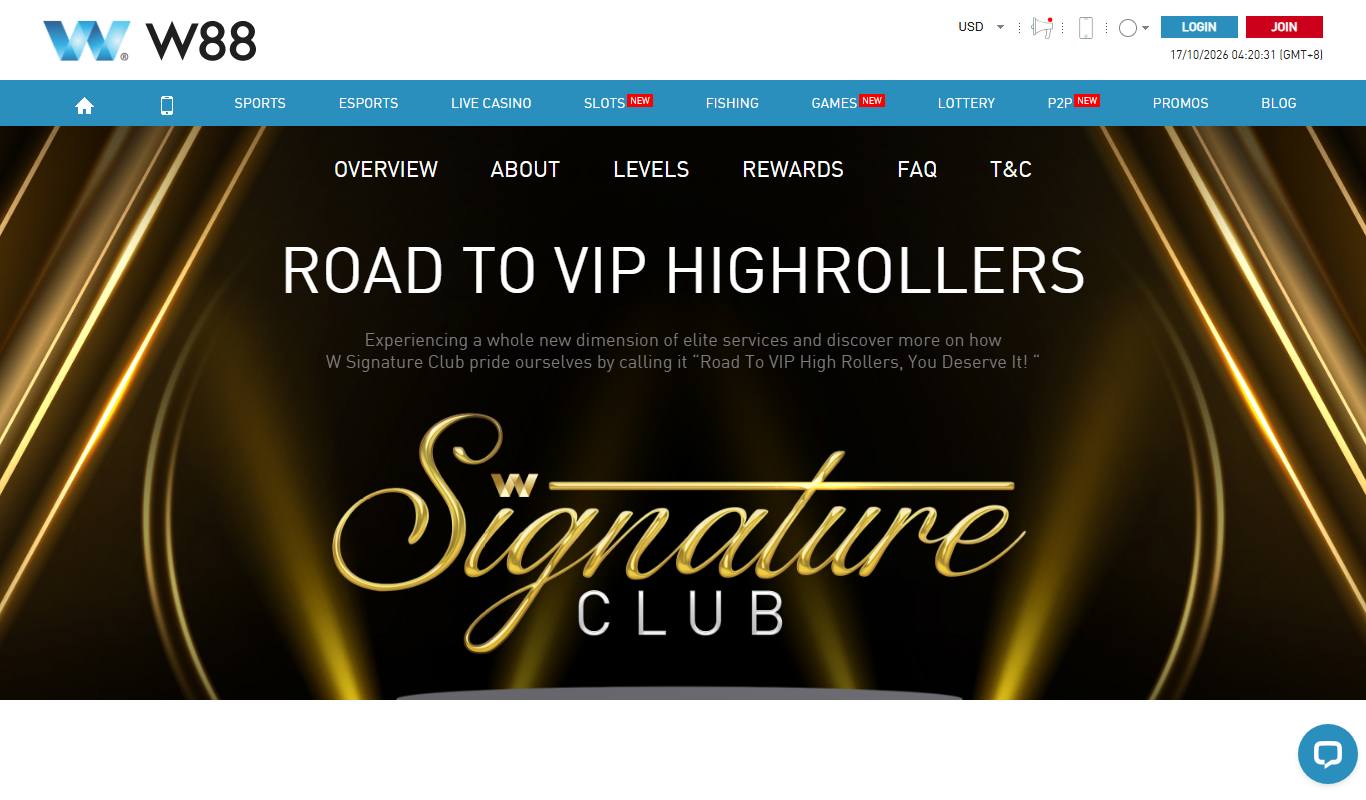 W88 VIP page for the W Signature Club with Overview, About, Levels, Rewards, FAQ and T&C tabs